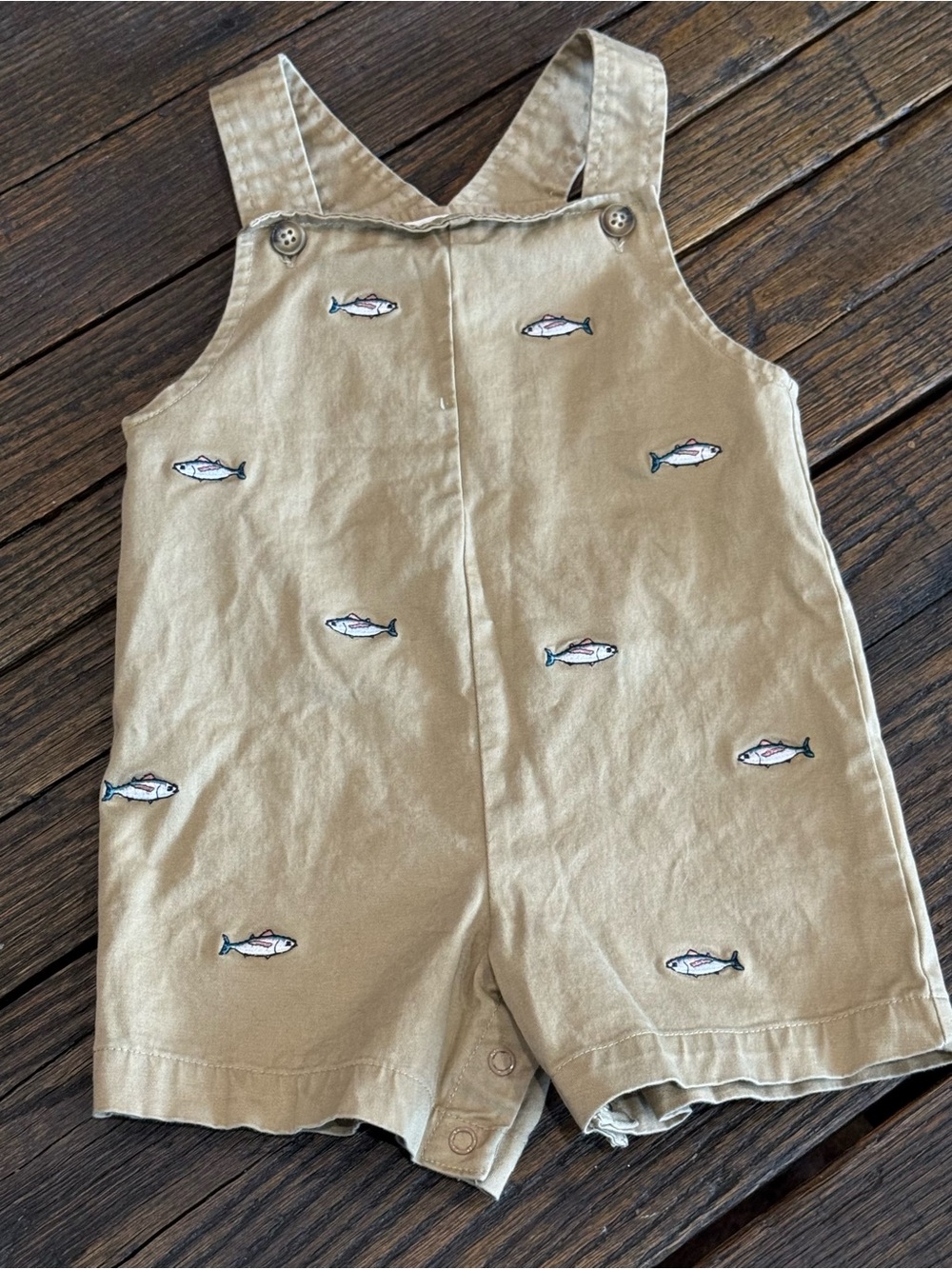 Baby Boys Khaki Fish Embroidered Shortalls by Adventurewear 360 Overalls Shorts